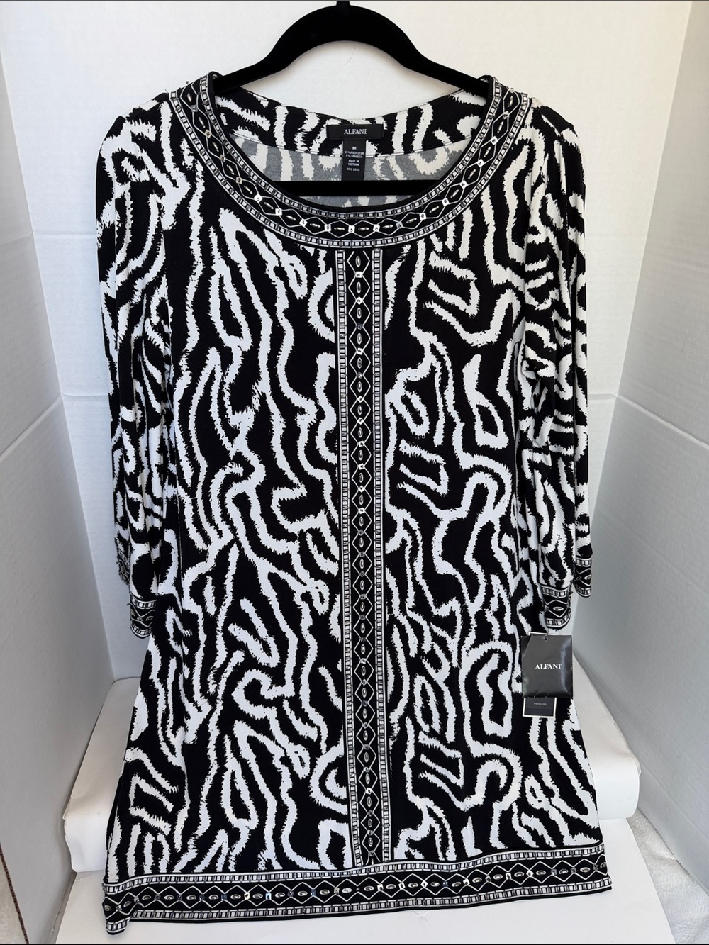 Alfani Black and White Long Sleeve Printed Tunic Dress